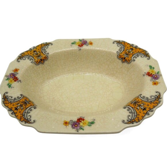 MYOTT SON & Co Floral Oval Bowl Crackle Glaze England Vintage 9" - Picture 1 of 9